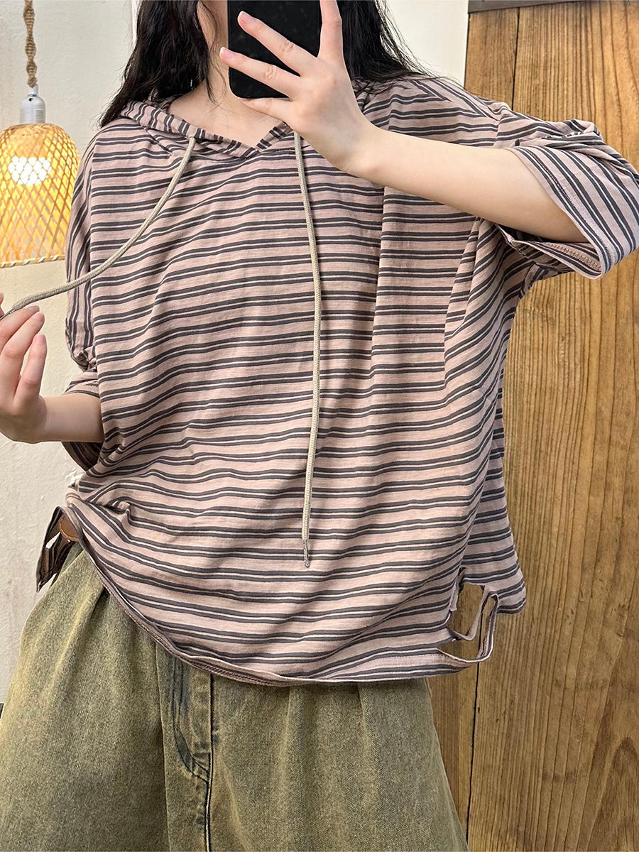 Women Summer Casual Stripe Hooded Cotton Shirt OP1056 BUYKUD