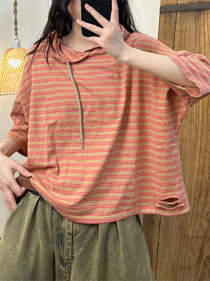 Women Summer Casual Stripe Hooded Cotton Shirt OP1056 BUYKUD