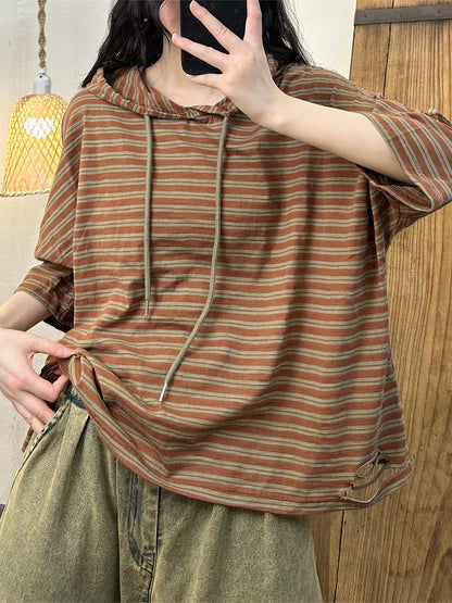 Women Summer Casual Stripe Hooded Cotton Shirt OP1056 BUYKUD
