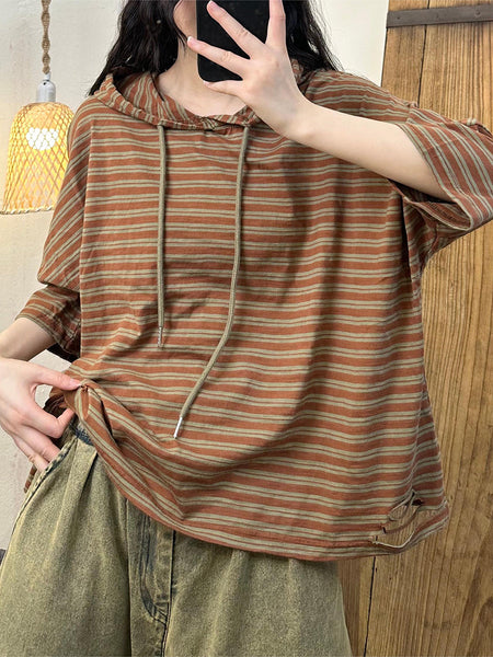 Women Summer Casual Stripe Hooded Cotton Shirt OP1056 BUYKUD