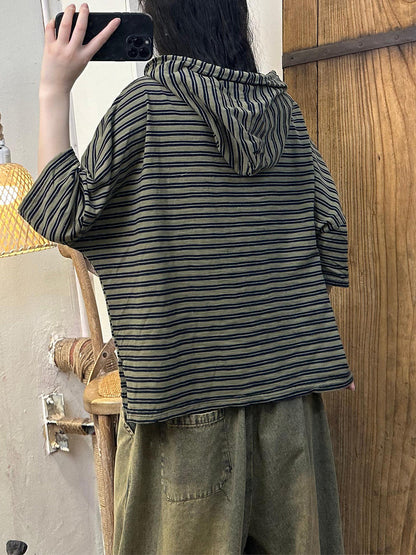 Women Summer Casual Stripe Hooded Cotton Shirt OP1056 BUYKUD
