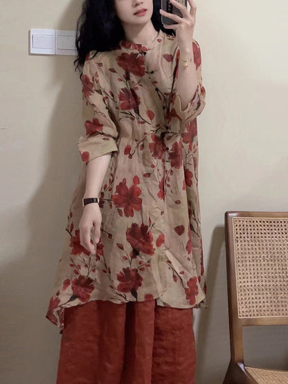 Women Summer Vintage Floral Button-up Linen Long Shirt OP1034 BUYKUD