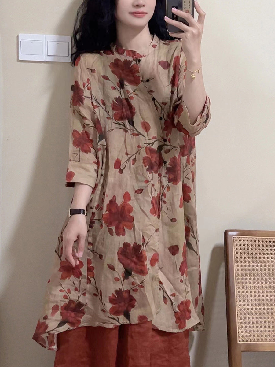 Women Summer Vintage Floral Button-up Linen Long Shirt OP1034 BUYKUD