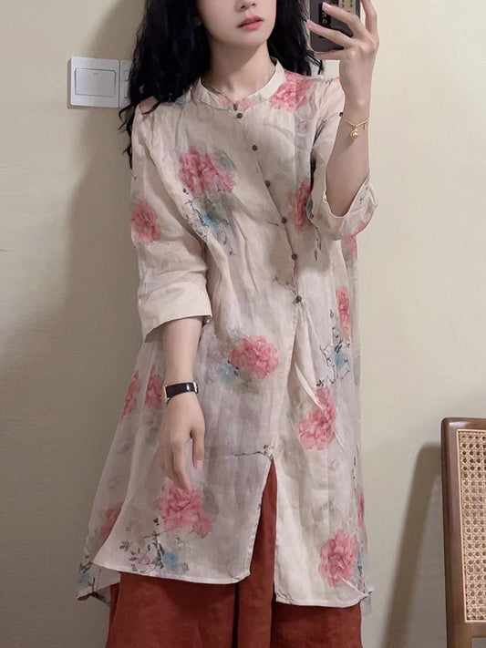 Women Summer Vintage Floral Button-up Linen Long Shirt OP1034 BUYKUD