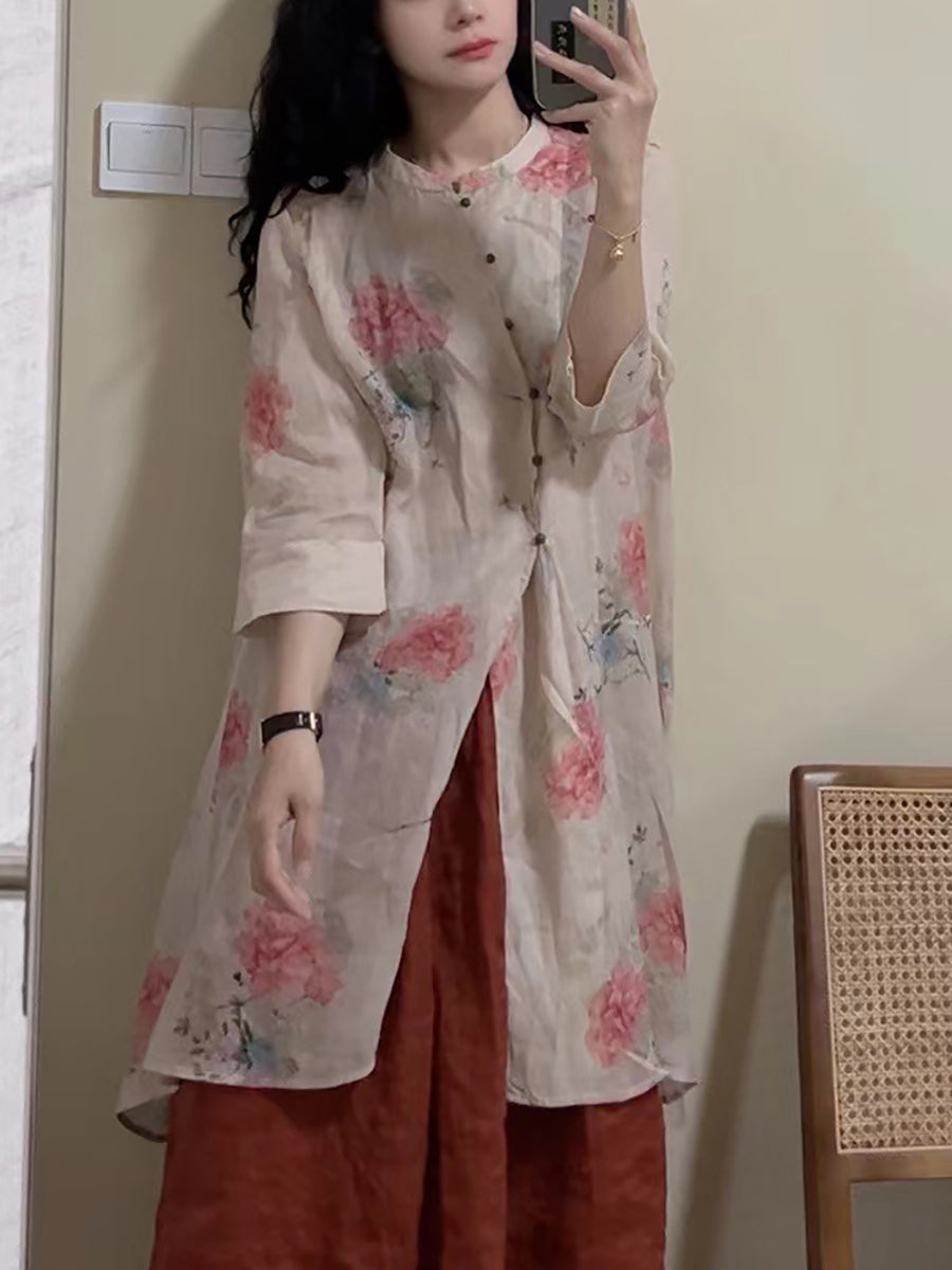 Women Summer Vintage Floral Button-up Linen Long Shirt OP1034 BUYKUD