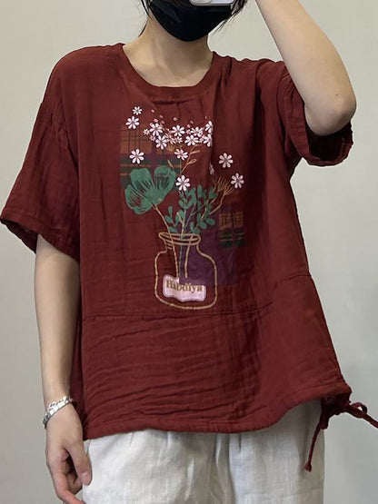 Women Summer Casual Print Strap Hem Cotton Shirt LL027 BUYKUD