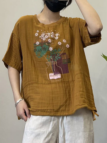 Women Summer Casual Print Strap Hem Cotton Shirt LL027 BUYKUD