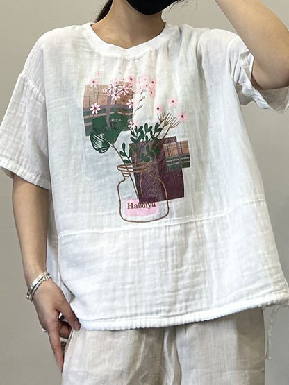 Women Summer Casual Print Strap Hem Cotton Shirt LL027 BUYKUD