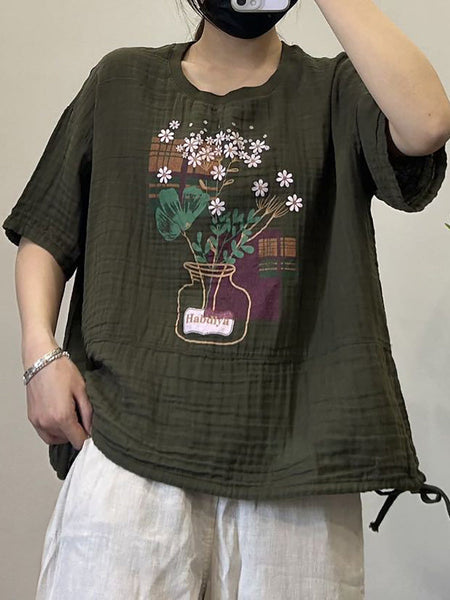 Women Summer Casual Print Strap Hem Cotton Shirt LL027 BUYKUD