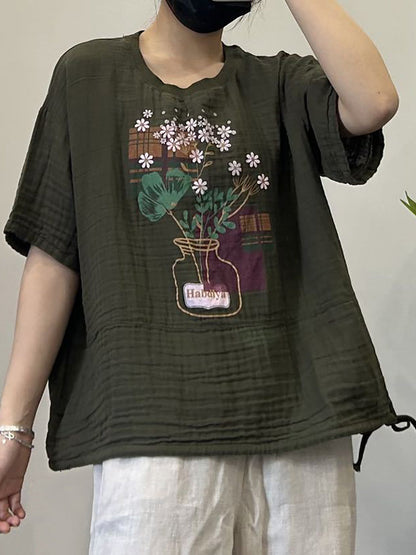 Women Summer Casual Print Strap Hem Cotton Shirt LL027 BUYKUD