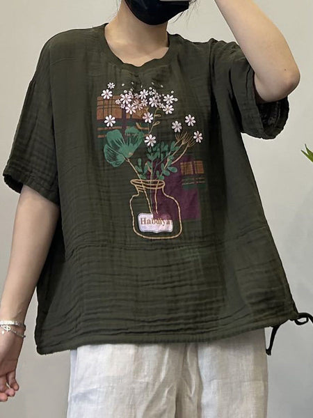 Women Summer Casual Print Strap Hem Cotton Shirt LL027 BUYKUD