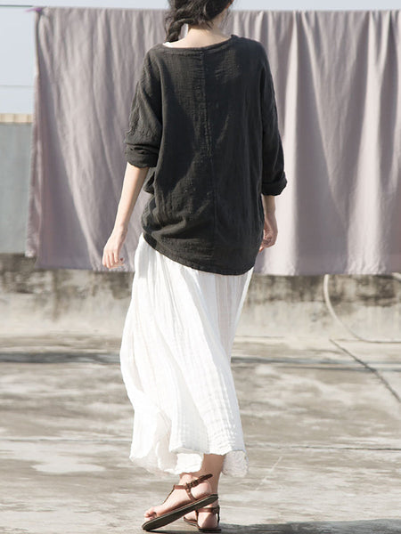 Women Summer Casual Shirred Solid Loose Cotton Skirt RR1028 BUYKUD