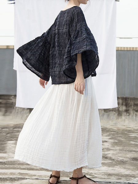 Women Summer Casual Shirred Solid Loose Cotton Skirt RR1028 BUYKUD