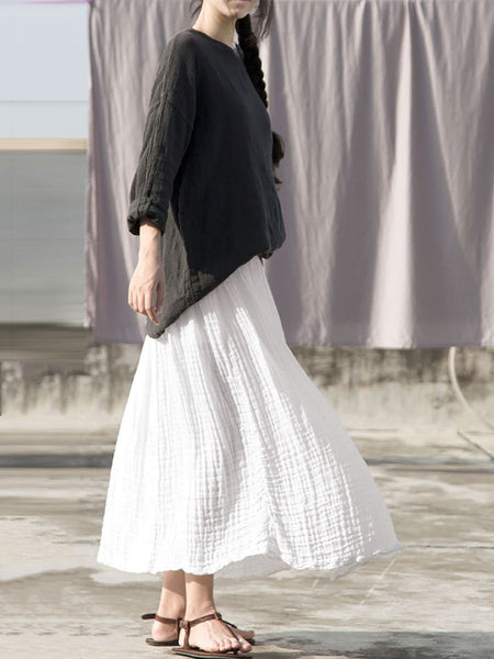 Women Summer Casual Shirred Solid Loose Cotton Skirt RR1028 BUYKUD