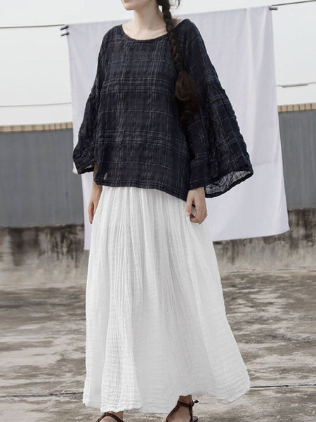 Women Summer Casual Shirred Solid Loose Cotton Skirt RR1028 BUYKUD