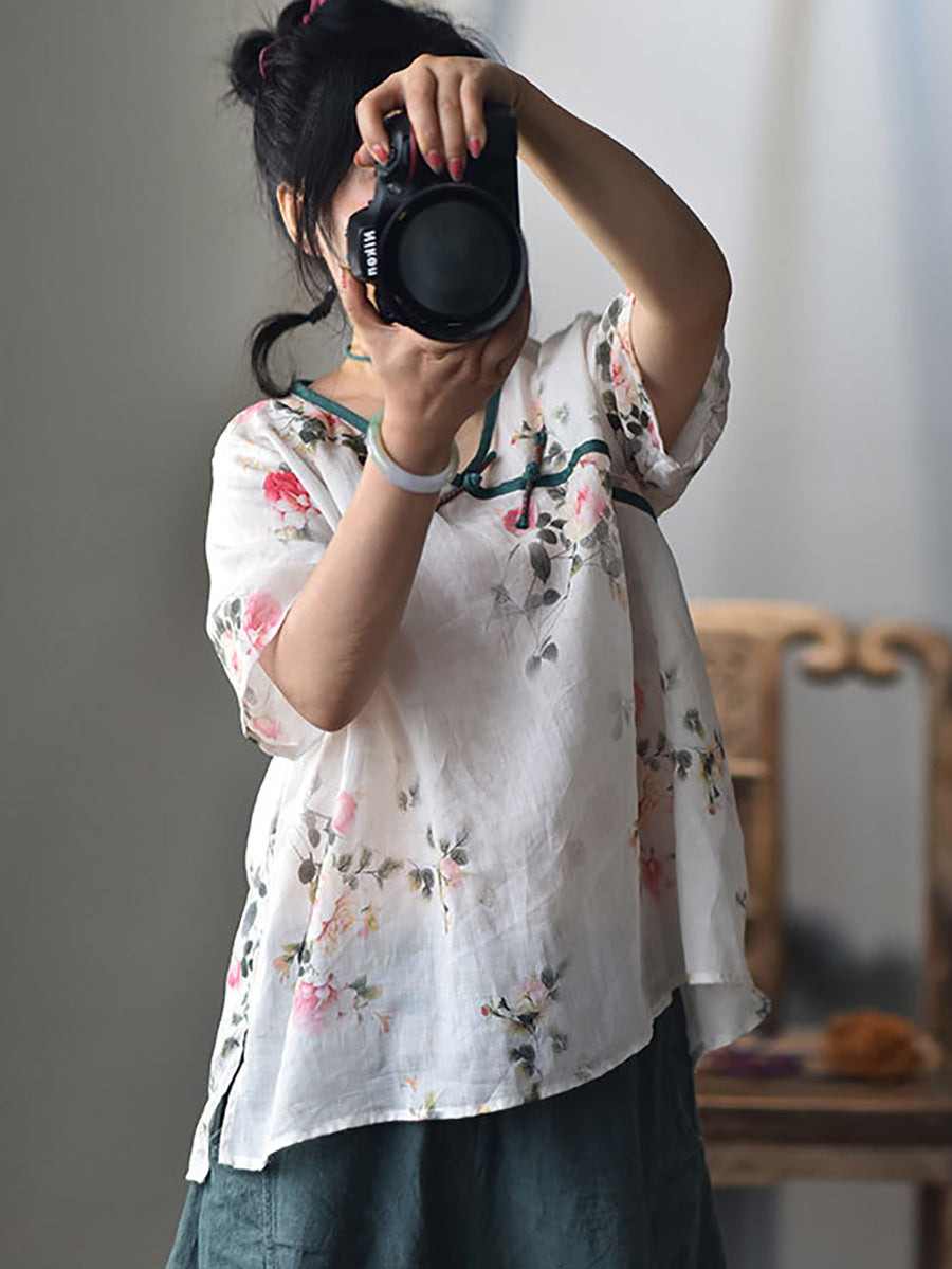 Women Summer Ethnic Floral V-Neck Buckle Ramie Shirt RR1003 BUYKUD