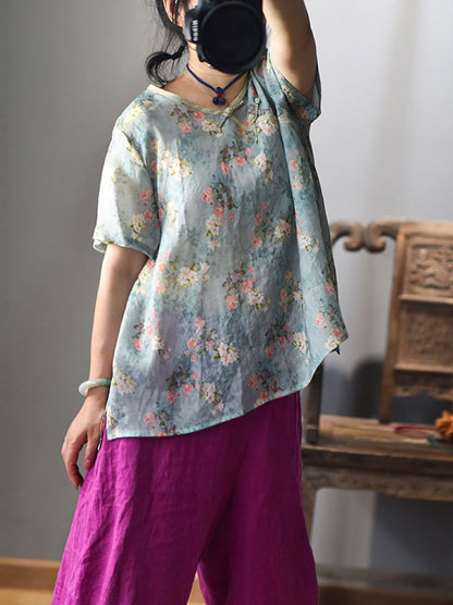 Women Summer Ethnic Floral V-Neck Buckle Ramie Shirt RR1003 BUYKUD