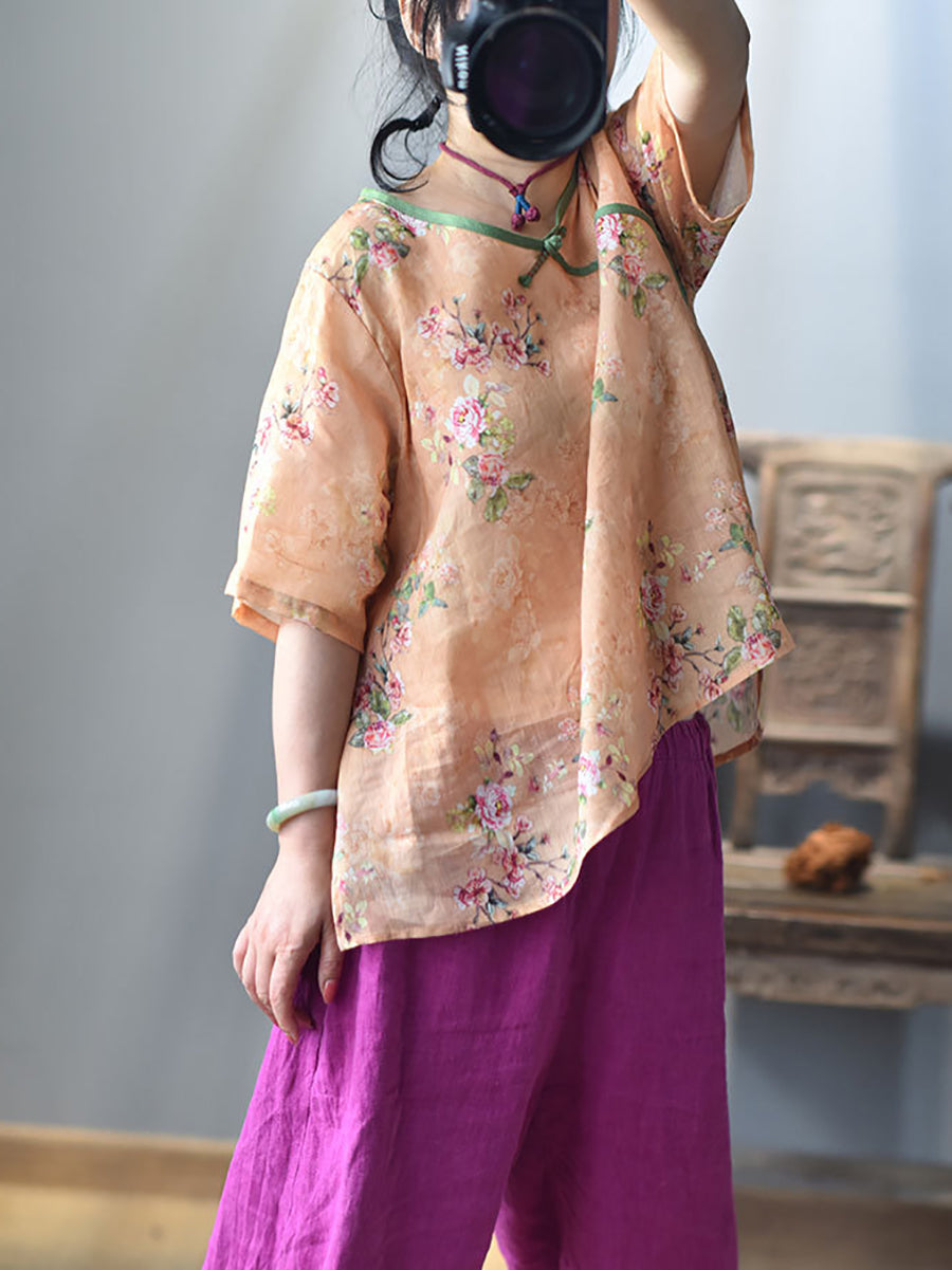 Women Summer Ethnic Floral V-Neck Buckle Ramie Shirt RR1003 BUYKUD