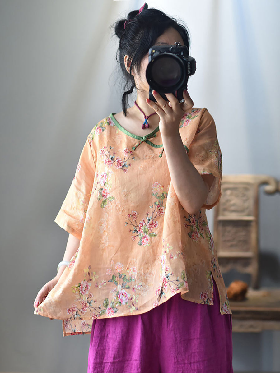 Women Summer Ethnic Floral V-Neck Buckle Ramie Shirt RR1003 BUYKUD