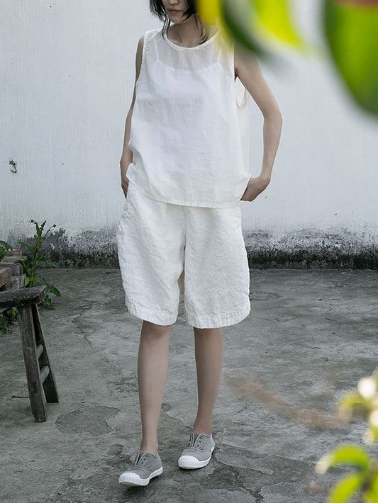 Women Summer Casual Thin Solid Linen Shorts RR1004 BUYKUD