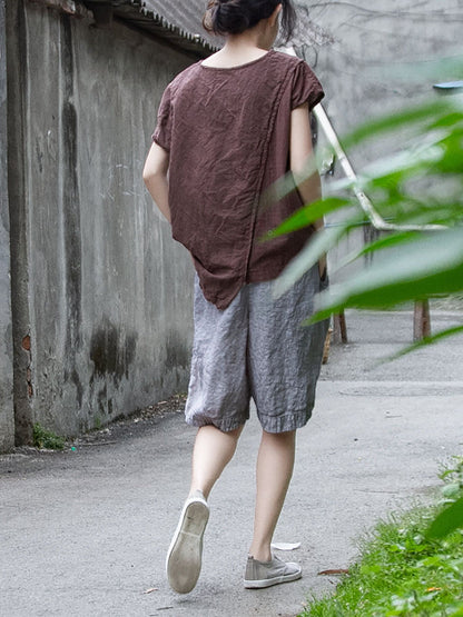 Women Summer Casual Thin Solid Linen Shorts RR1004 BUYKUD