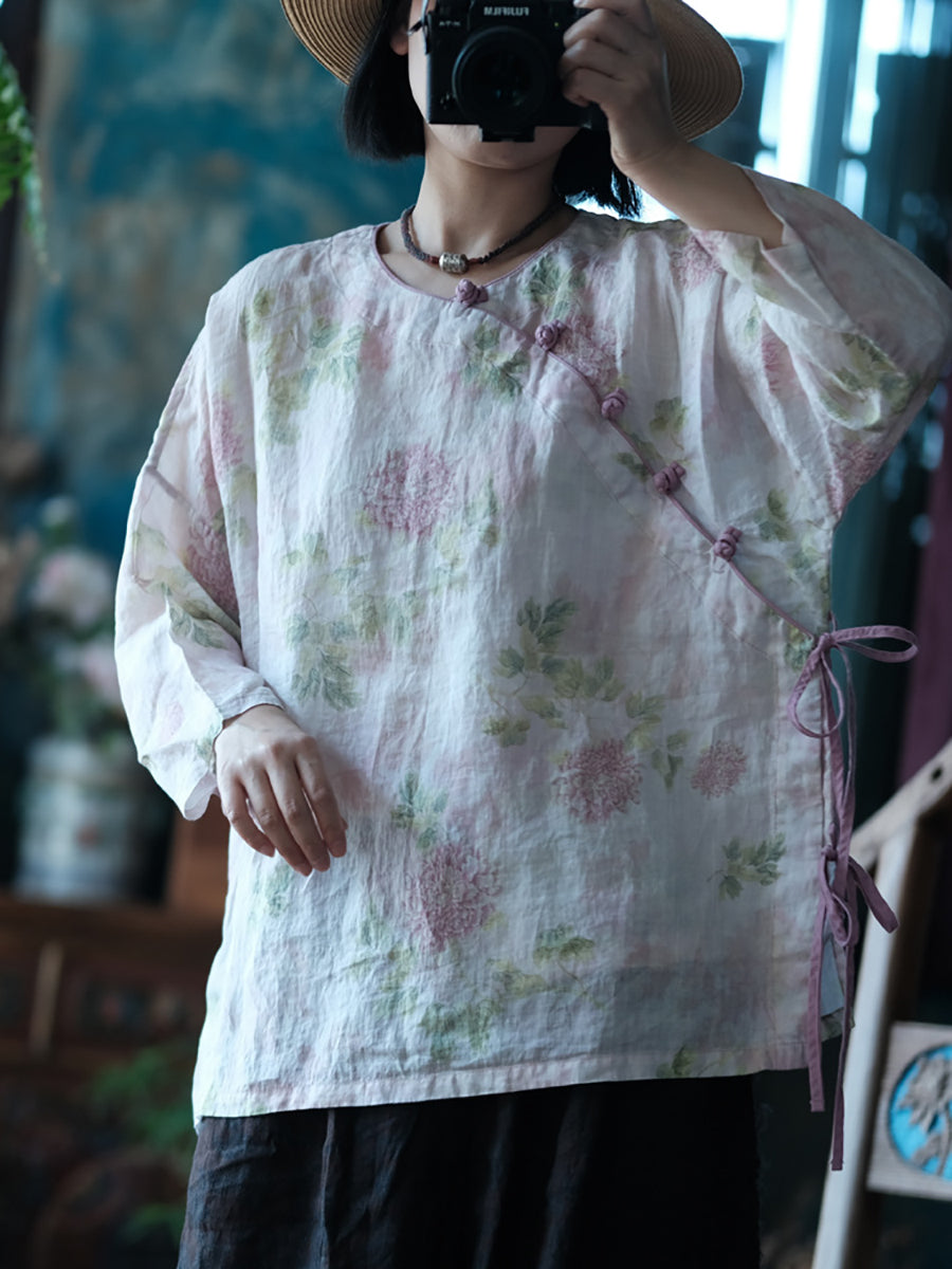 Women Summer Vintage Flower Starp 100%Ramie Shirt RR1005 BUYKUD