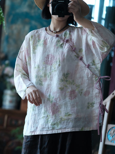 Women Summer Vintage Flower Starp 100%Ramie Shirt RR1005 BUYKUD