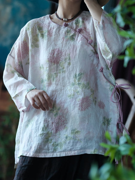 Women Summer Vintage Flower Starp 100%Ramie Shirt RR1005 BUYKUD