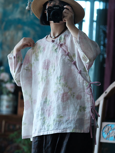 Women Summer Vintage Flower Starp 100%Ramie Shirt RR1005 BUYKUD