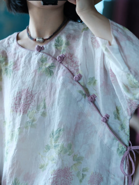 Women Summer Vintage Flower Starp 100%Ramie Shirt RR1005 BUYKUD
