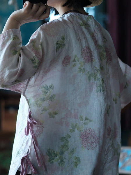 Women Summer Vintage Flower Starp 100%Ramie Shirt RR1005 BUYKUD