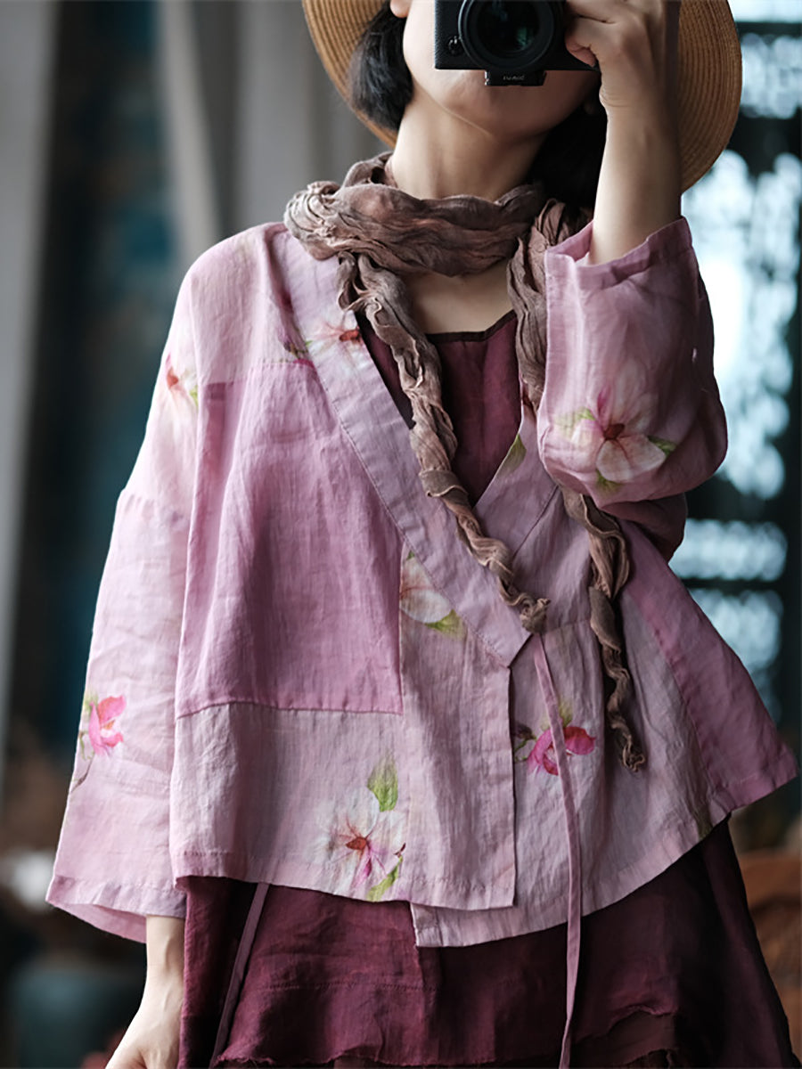 Women Summer Vintage Flower Strap Ramie Shirt RR1011 BUYKUD