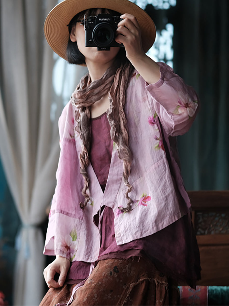 Women Summer Vintage Flower Strap Ramie Shirt RR1011 BUYKUD