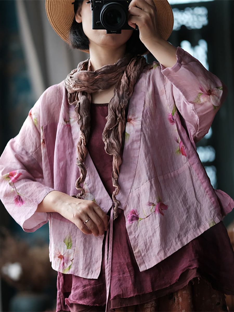 Women Summer Vintage Flower Strap Ramie Shirt RR1011 BUYKUD