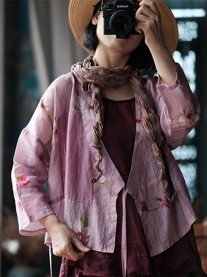 Women Summer Vintage Flower Strap Ramie Shirt RR1011 BUYKUD