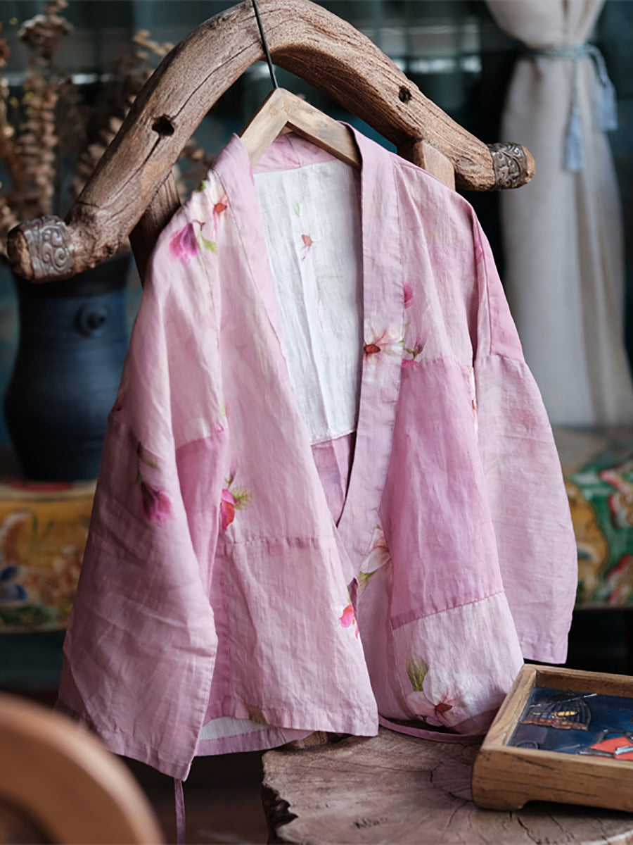 Women Summer Vintage Flower Strap Ramie Shirt RR1011 BUYKUD