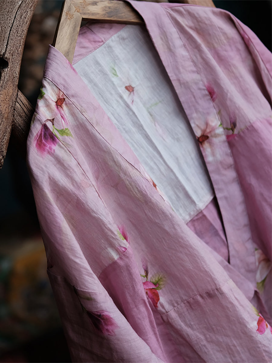 Women Summer Vintage Flower Strap Ramie Shirt RR1011 BUYKUD