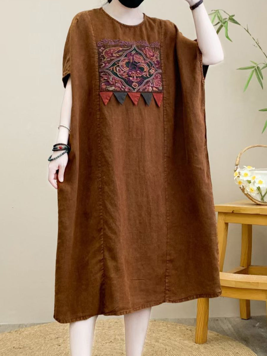 Women Summer Retro Spliced Embroidery Linen Loose Dress RR1009 BUYKUD