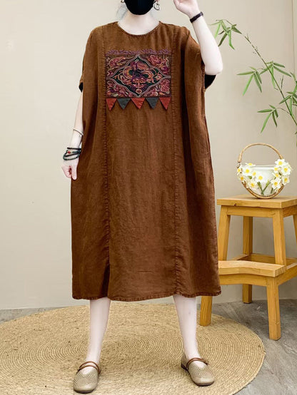 Women Summer Retro Spliced Embroidery Linen Loose Dress RR1009 BUYKUD