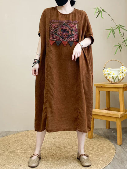 Women Summer Retro Spliced Embroidery Linen Loose Dress RR1009 BUYKUD