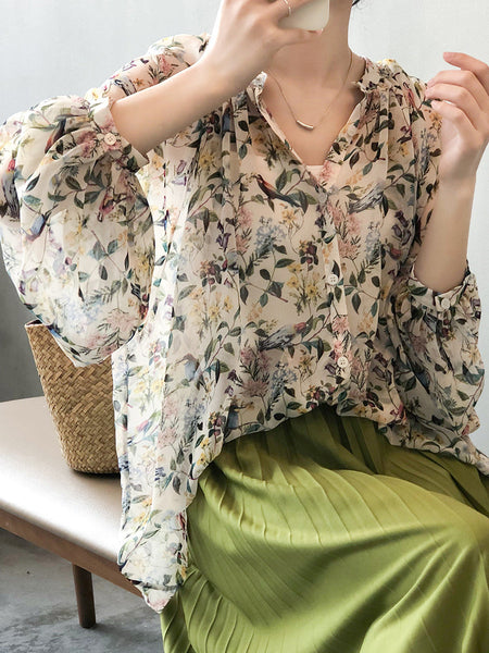 Women Artsy Spring Floral V-Neck Loose Shirt RR1006 BUYKUD