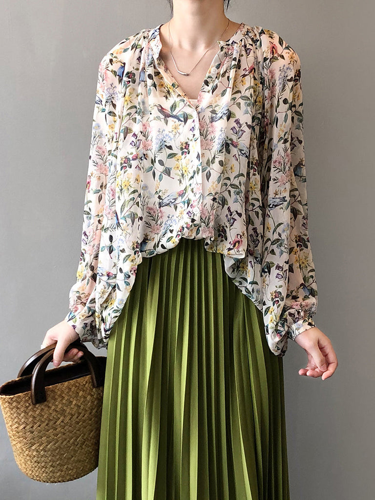 Women Artsy Spring Floral V-Neck Loose Shirt RR1006 BUYKUD