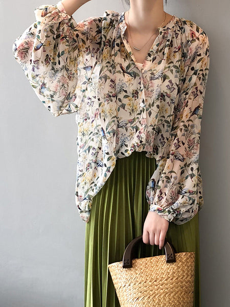 Women Artsy Spring Floral V-Neck Loose Shirt RR1006 BUYKUD