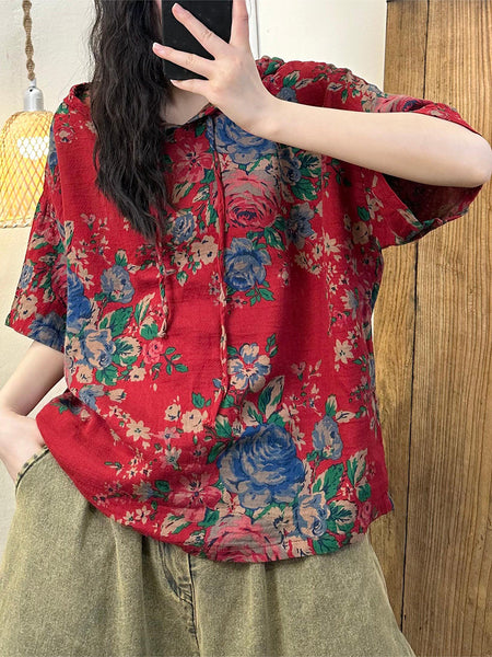 Plus Size Women Summer Retro Print Cotton Hooded Shirt RR1027 BK