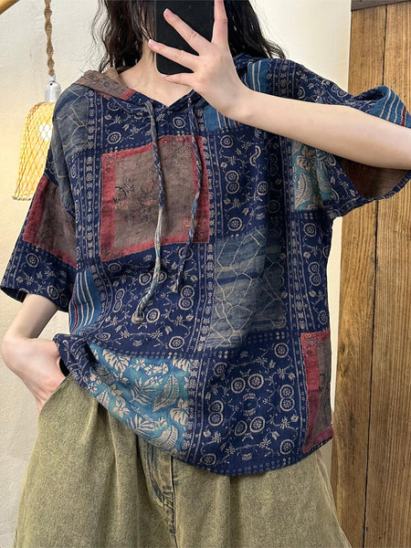 Plus Size Women Summer Retro Print Cotton Hooded Shirt RR1027 BK