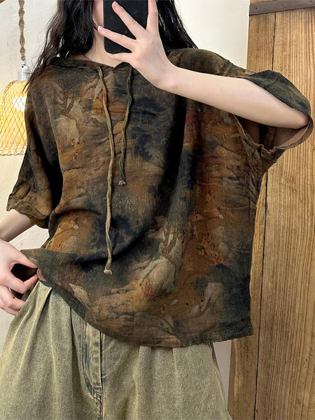 Plus Size Women Summer Retro Print Cotton Hooded Shirt RR1027 BK