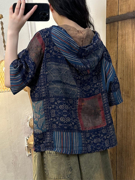 Plus Size Women Summer Retro Print Cotton Hooded Shirt RR1027 BK