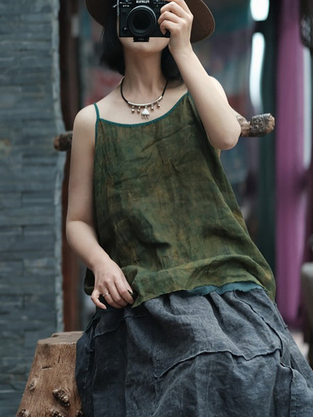 Plus Size Women Summer Vintage Tie-dye Spliced Ramie Vest LL055 BUYKUD