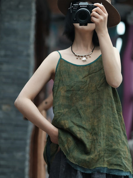 Plus Size Women Summer Vintage Tie-dye Spliced Ramie Vest LL055 BUYKUD