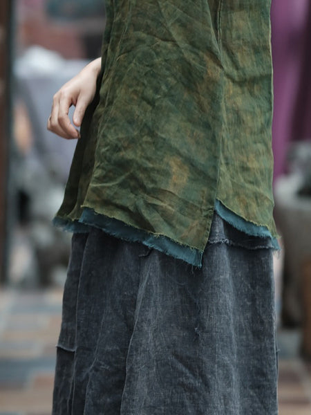 Plus Size Women Summer Vintage Tie-dye Spliced Ramie Vest LL055 BUYKUD